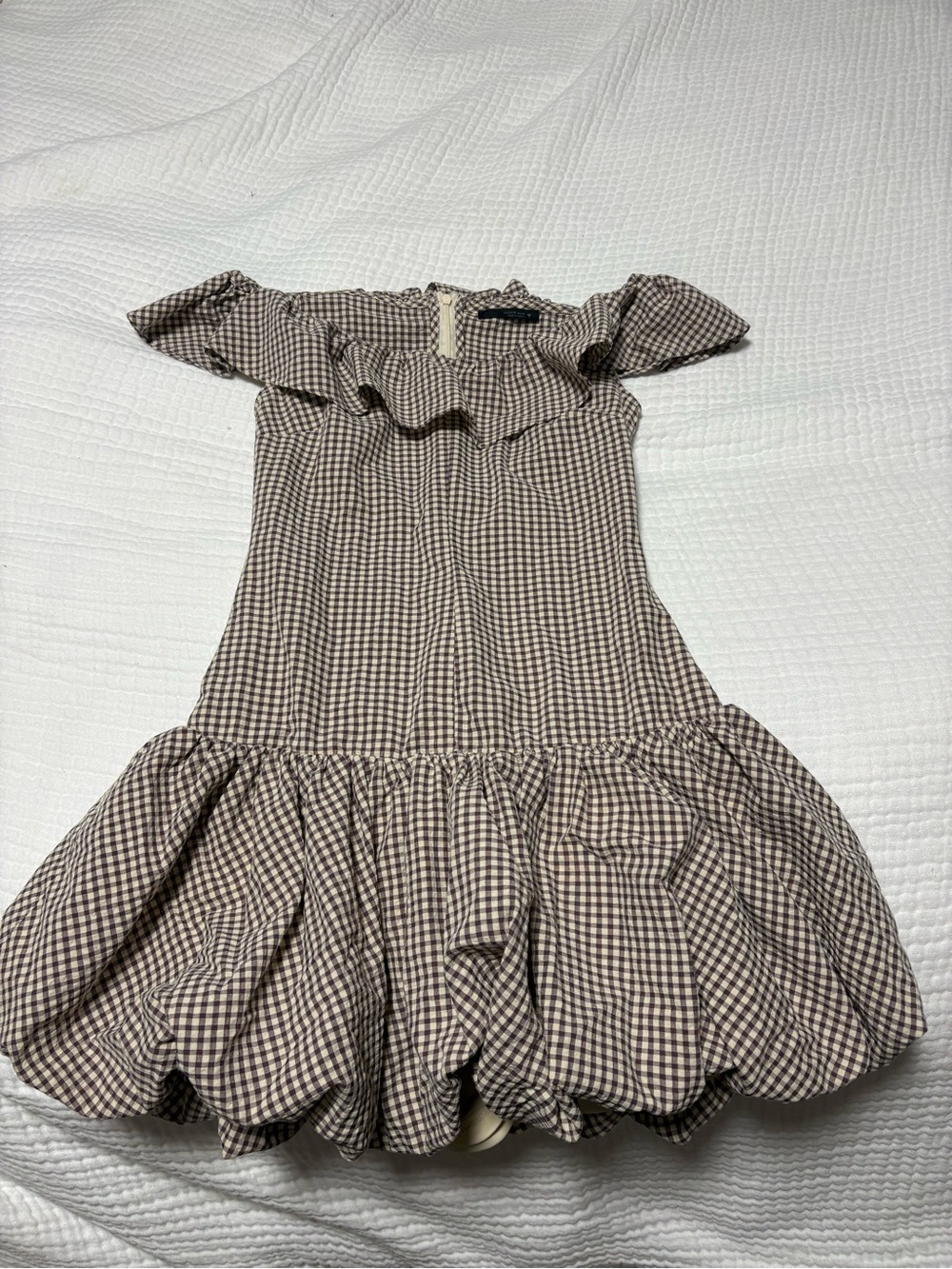 Zara Brown Gingham Off-Shoulder Ruffle Dress